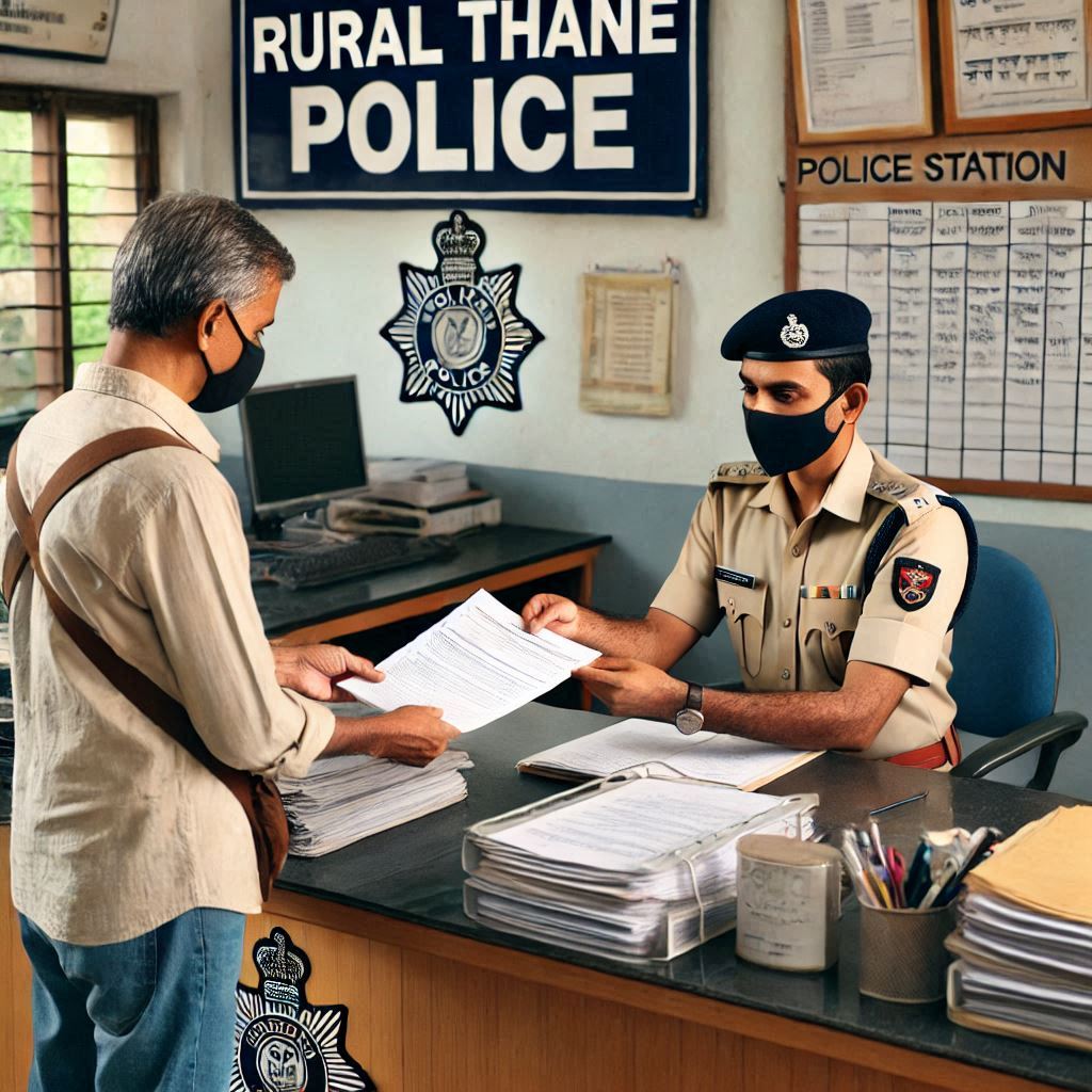 Person submitting documents to a police officer at the Rural Thane Police Station.