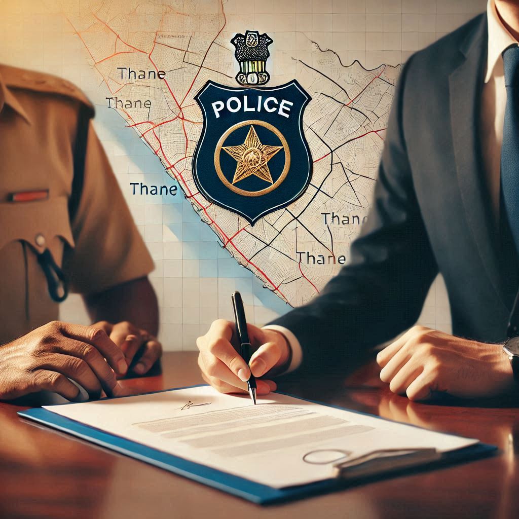 Landlord and tenant signing rental agreement with police badge and Thane map in the background.